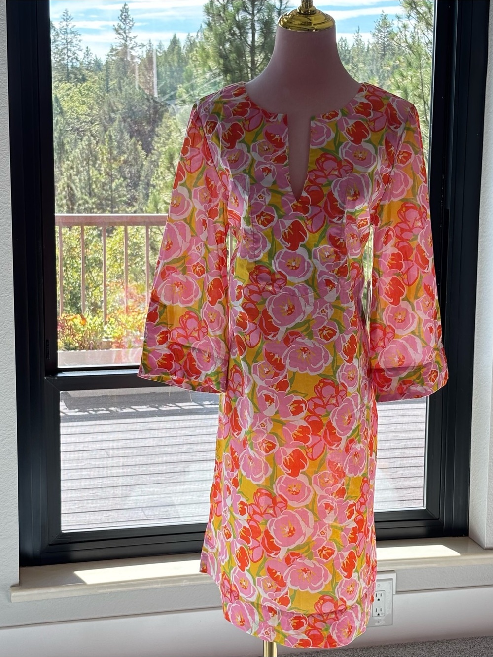 Lesley Evers Ellie Pink Tulips Floral Cotton Midi Dress Large NWT Made USA